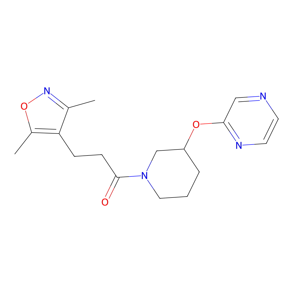 3-(3,5-Dimethylisoxazol-4-yl)-1-(3-(pyrazin-2-yloxy)piperidin-1-yl)propan-1-one molecular structure, CAS 2034473-26-0