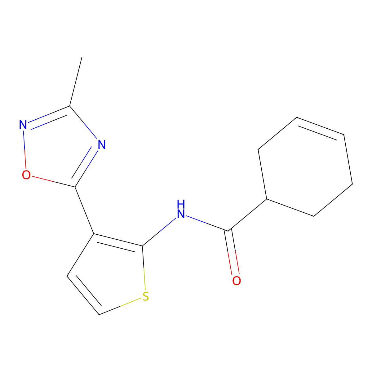 N-(3-(3-methyl-1,2,4-oxadiazol-5-yl)thiophen-2-yl)cyclohex-3-enecarboxamide molecular structure, CAS 2034473-27-1