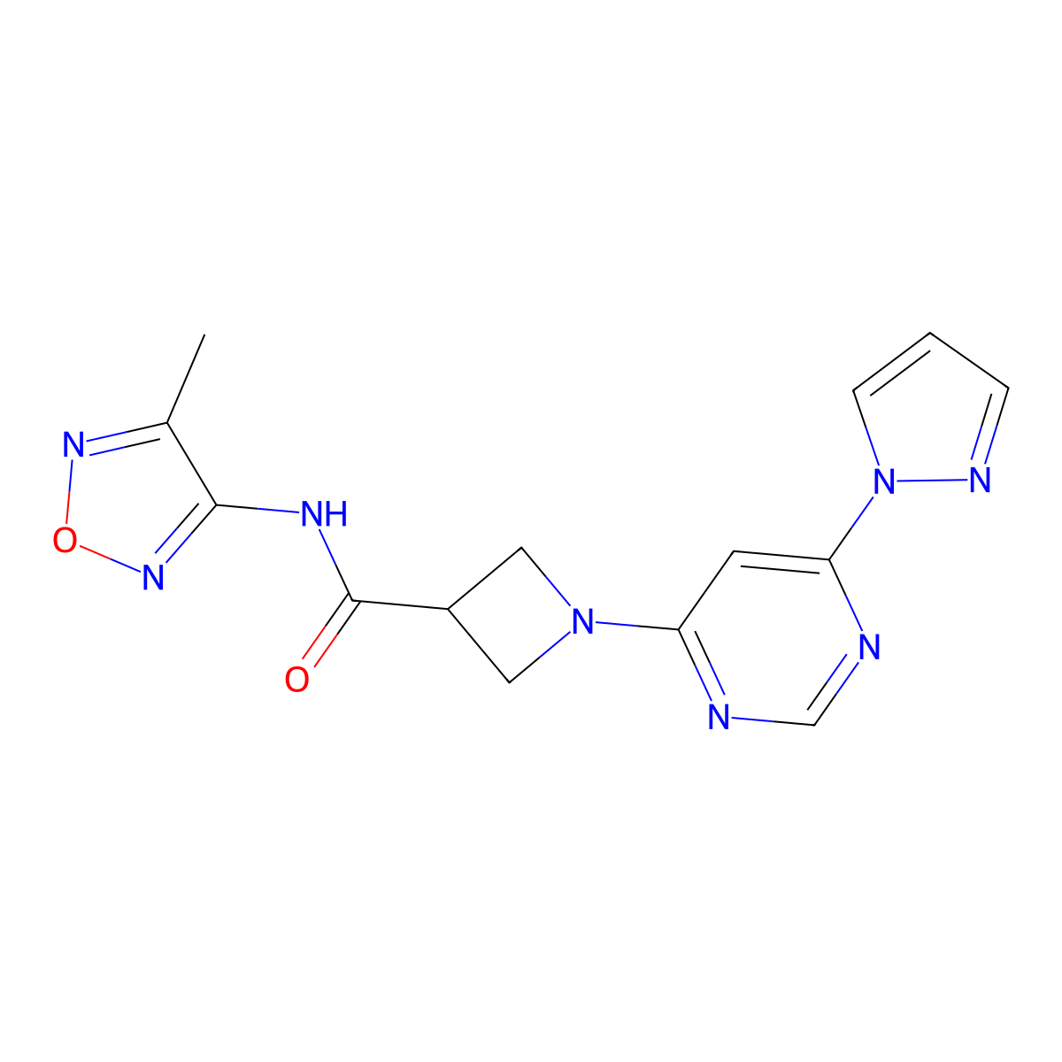 1-(6-(1H-pyrazol-1-yl)pyrimidin-4-yl)-N-(4-methyl-1,2,5-oxadiazol-3-yl)azetidine-3-carboxamide molecular structure, CAS 2034473-31-7