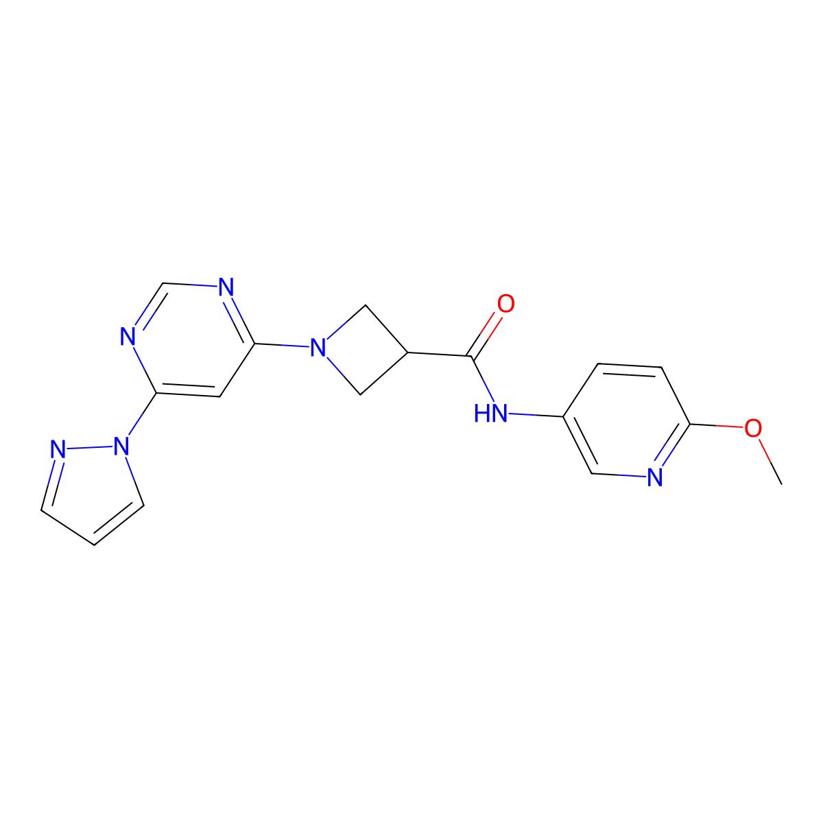 1-(6-(1H-pyrazol-1-yl)pyrimidin-4-yl)-N-(6-methoxypyridin-3-yl)azetidine-3-carboxamide molecular structure, CAS 2034473-39-5