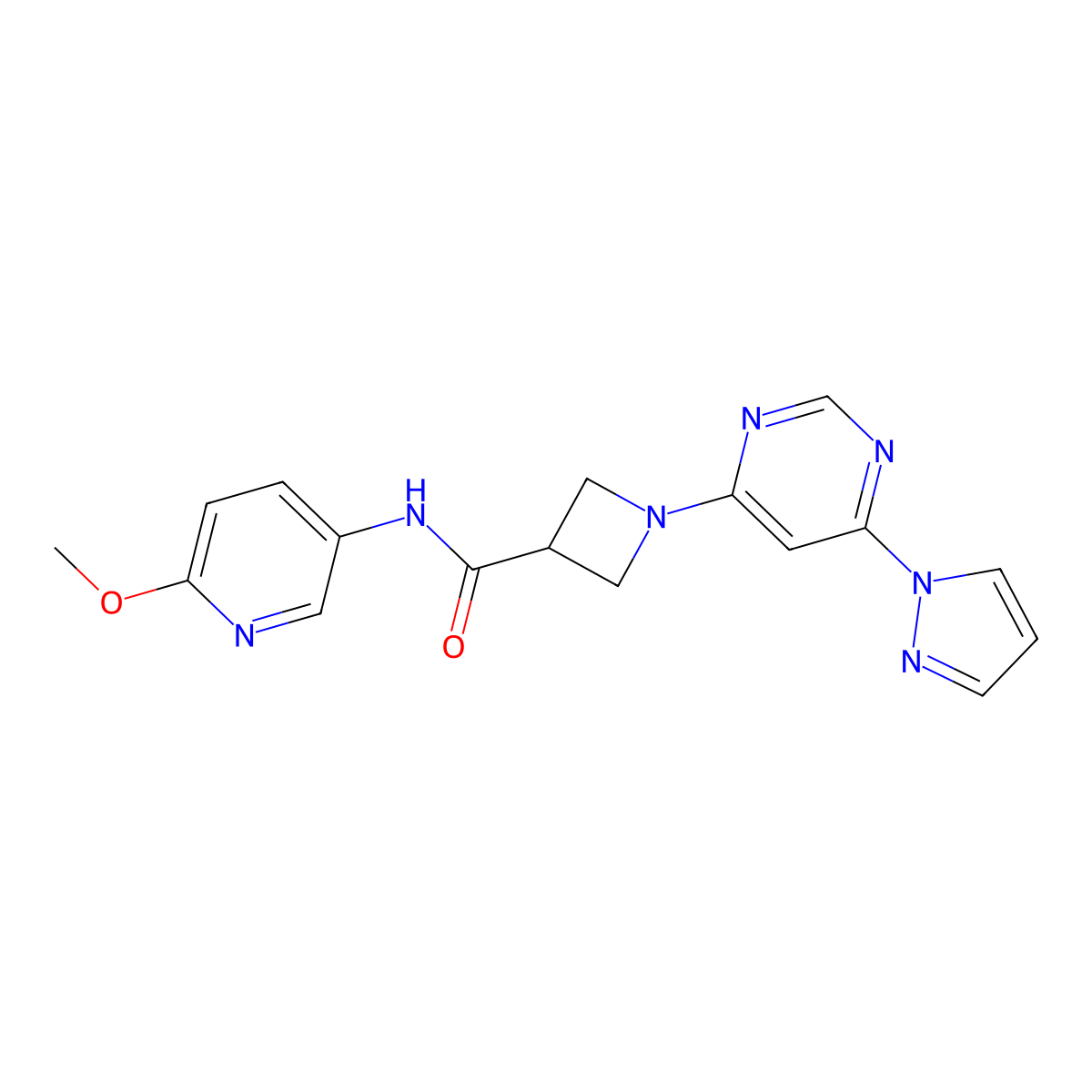 1-(6-(1H-pyrazol-1-yl)pyrimidin-4-yl)-N-(6-methoxypyridin-3-yl)azetidine-3-carboxamide molecular structure, CAS 2034473-39-5