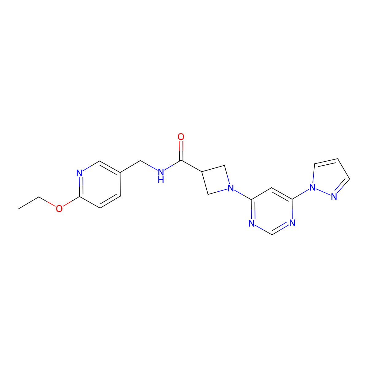 1-(6-(1H-pyrazol-1-yl)pyrimidin-4-yl)-N-((6-ethoxypyridin-3-yl)methyl)azetidine-3-carboxamide molecular structure, CAS 2034473-47-5