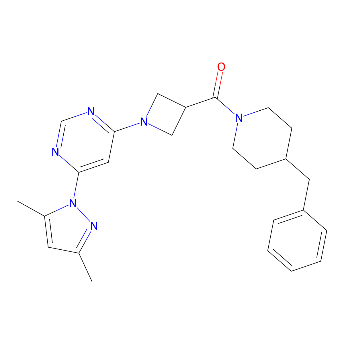 (4-benzylpiperidin-1-yl)(1-(6-(3,5-dimethyl-1H-pyrazol-1-yl)pyrimidin-4-yl)azetidin-3-yl)methanone molecular structure, CAS 2034473-50-0
