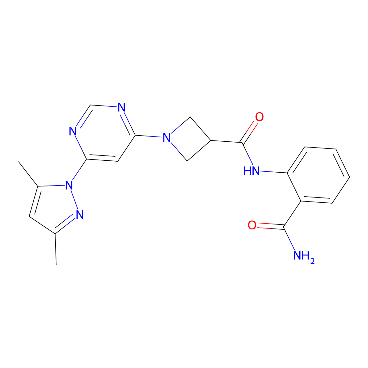 N-(2-carbamoylphenyl)-1-(6-(3,5-dimethyl-1H-pyrazol-1-yl)pyrimidin-4-yl)azetidine-3-carboxamide molecular structure, CAS 2034473-57-7