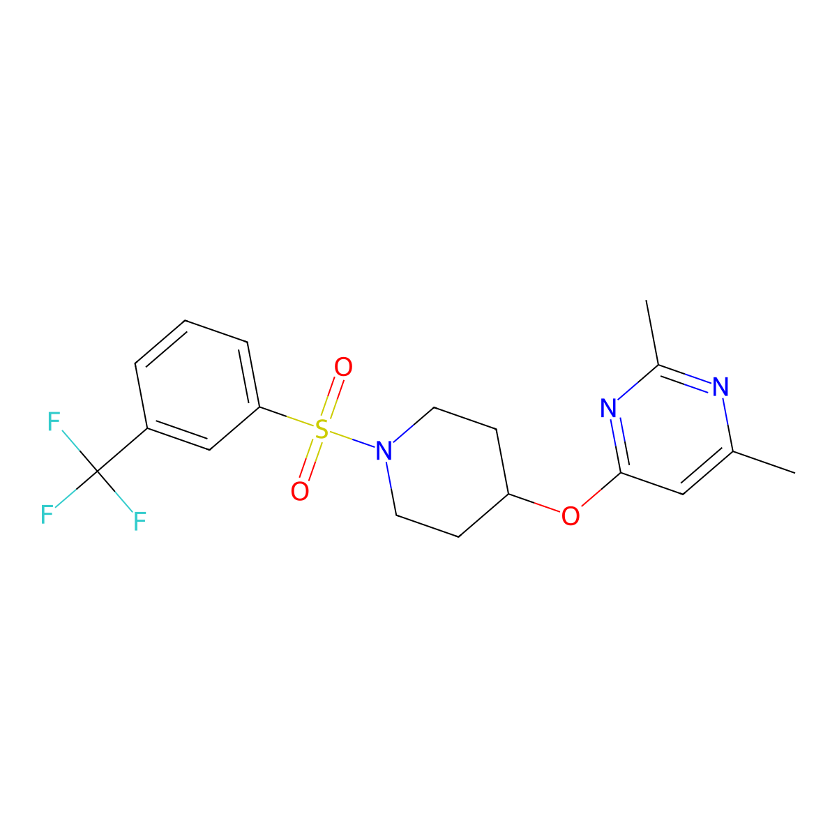 2,4-Dimethyl-6-((1-((3-(trifluoromethyl)phenyl)sulfonyl)piperidin-4-yl)oxy)pyrimidine molecular structure, CAS 2034473-61-3