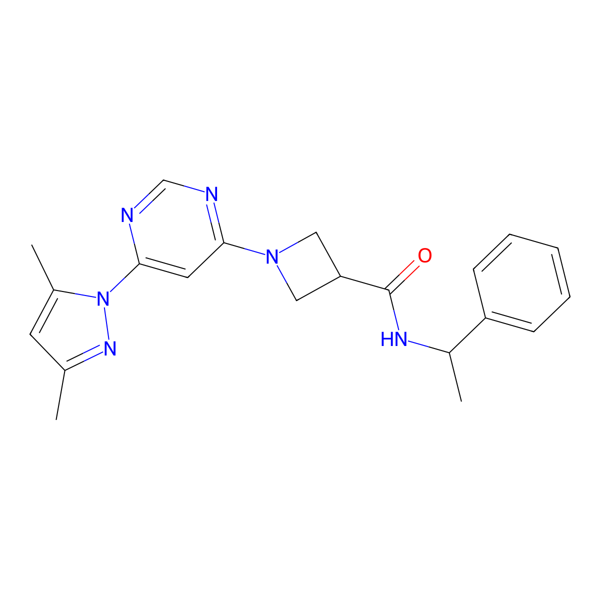 1-[6-(3,5-dimethyl-1H-pyrazol-1-yl)pyrimidin-4-yl]-N-(1-phenylethyl)azetidine-3-carboxamide molecular structure, CAS 2034473-69-1