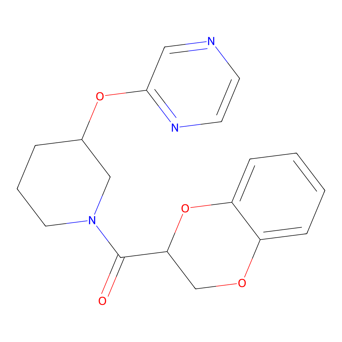(2,3-Dihydrobenzo[b][1,4]dioxin-2-yl)(3-(pyrazin-2-yloxy)piperidin-1-yl)methanone molecular structure, CAS 2034473-79-3