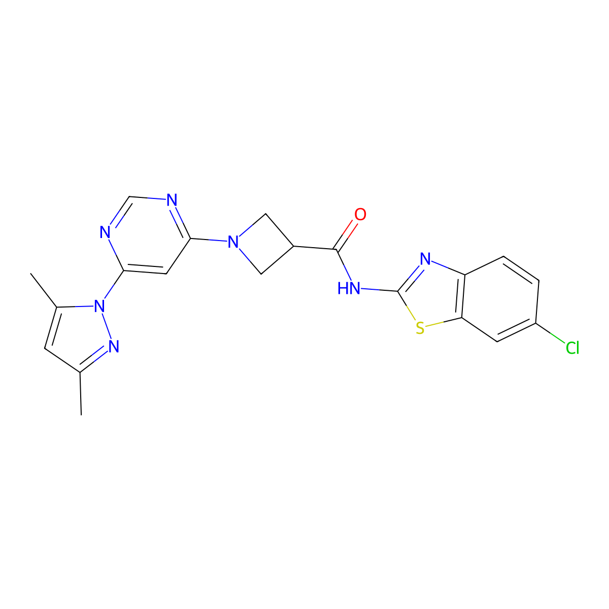 N-(6-chlorobenzo[d]thiazol-2-yl)-1-(6-(3,5-dimethyl-1H-pyrazol-1-yl)pyrimidin-4-yl)azetidine-3-carboxamide molecular structure, CAS 2034473-80-6