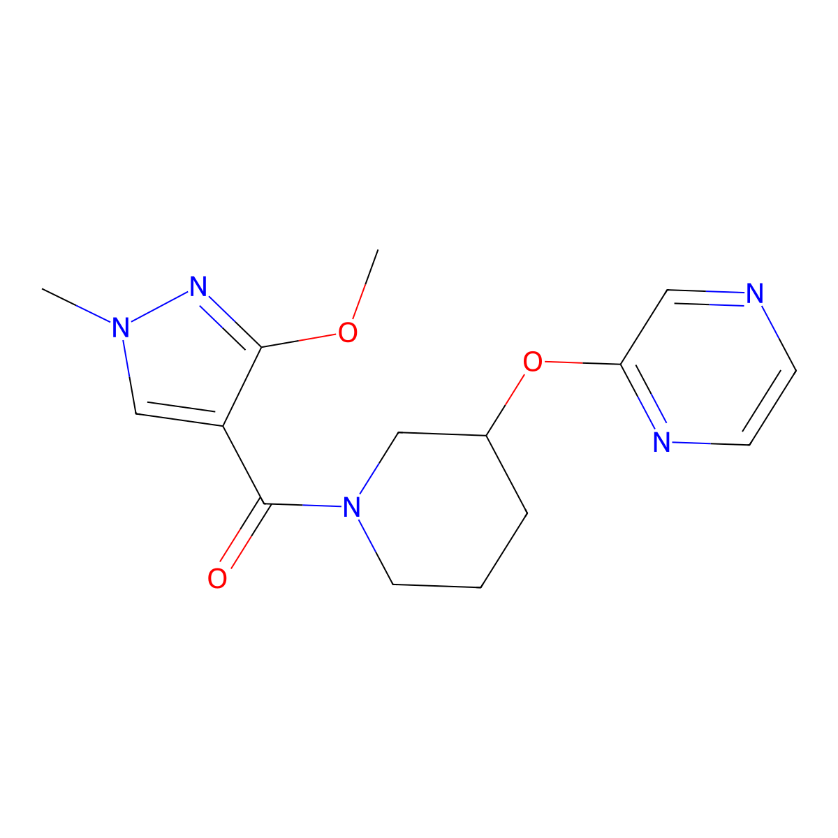 (3-methoxy-1-methyl-1H-pyrazol-4-yl)(3-(pyrazin-2-yloxy)piperidin-1-yl)methanone molecular structure, CAS 2034473-83-9