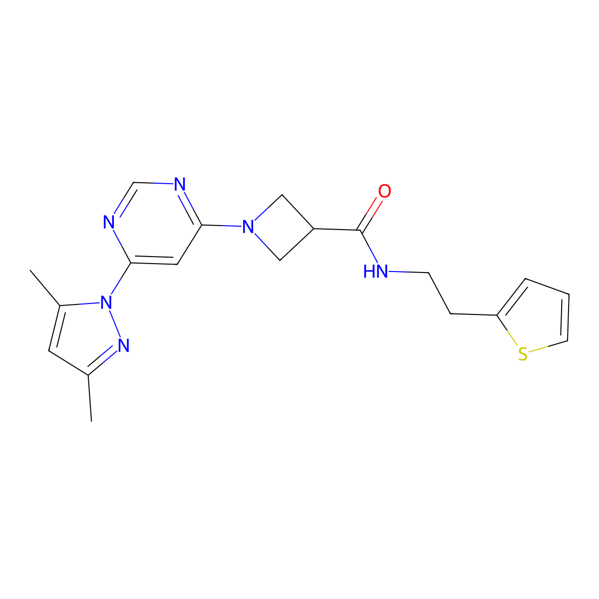 1-[6-(3,5-dimethyl-1H-pyrazol-1-yl)pyrimidin-4-yl]-N-[2-(thiophen-2-yl)ethyl]azetidine-3-carboxamide molecular structure, CAS 2034474-04-7