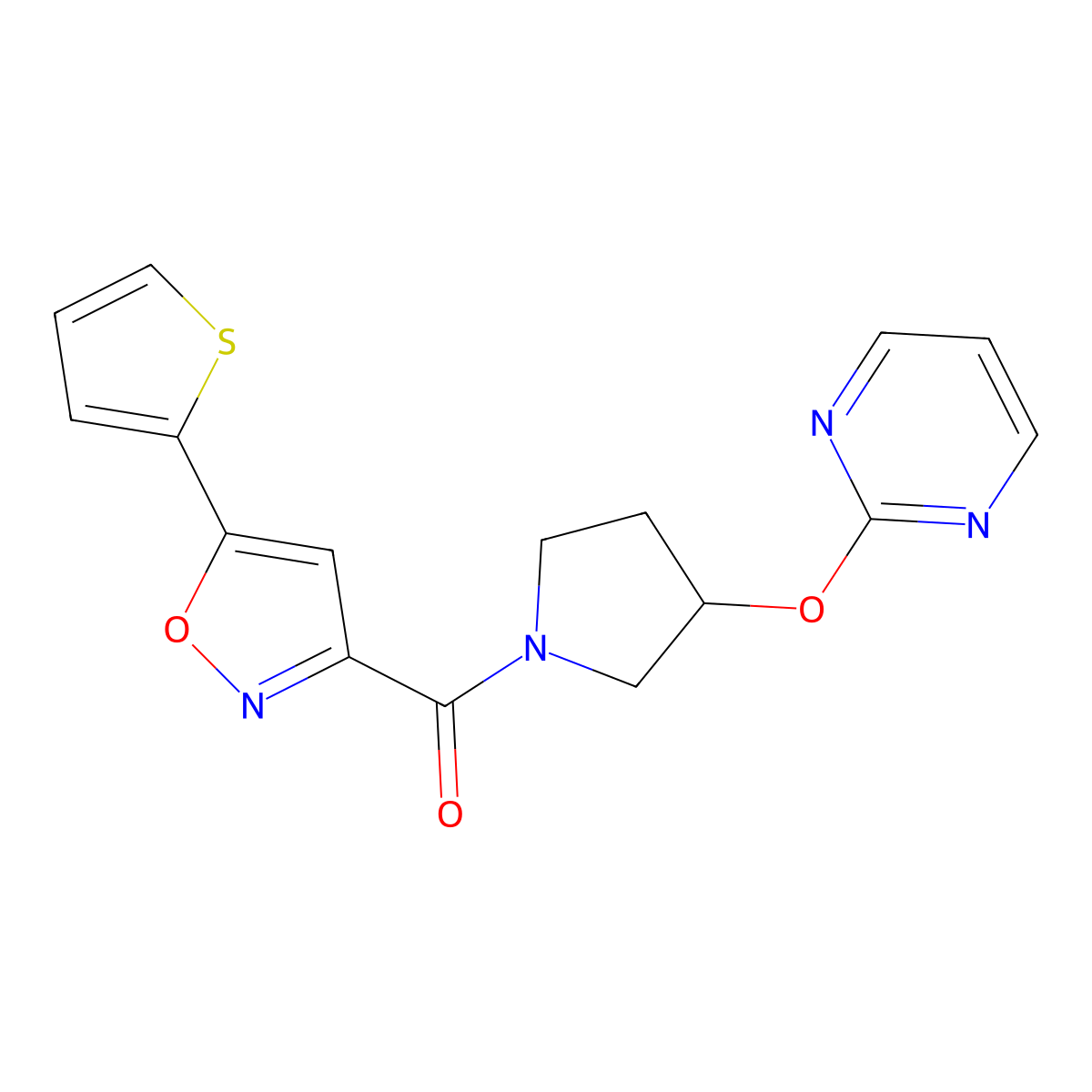 (3-(Pyrimidin-2-yloxy)pyrrolidin-1-yl)(5-(thiophen-2-yl)isoxazol-3-yl)methanone molecular structure, CAS 2034474-19-4