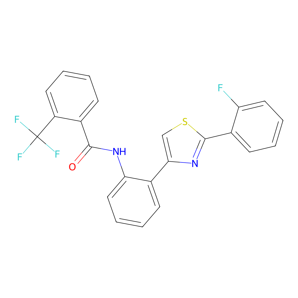 N-(2-(2-(2-fluorophenyl)thiazol-4-yl)phenyl)-2-(trifluoromethyl)benzamide molecular structure, CAS 2034474-27-4