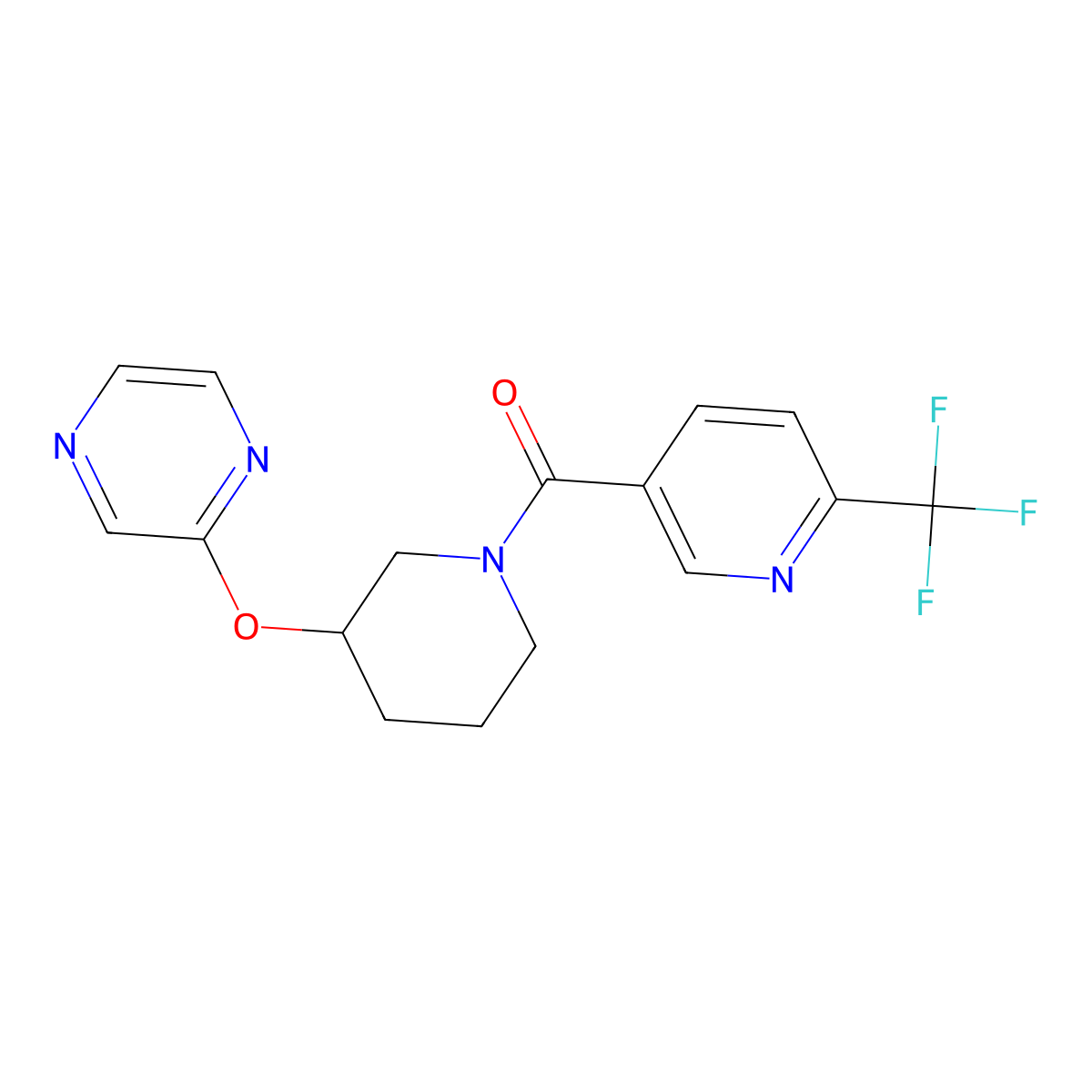 (3-(Pyrazin-2-yloxy)piperidin-1-yl)(6-(trifluoromethyl)pyridin-3-yl)methanone molecular structure, CAS 2034474-31-0