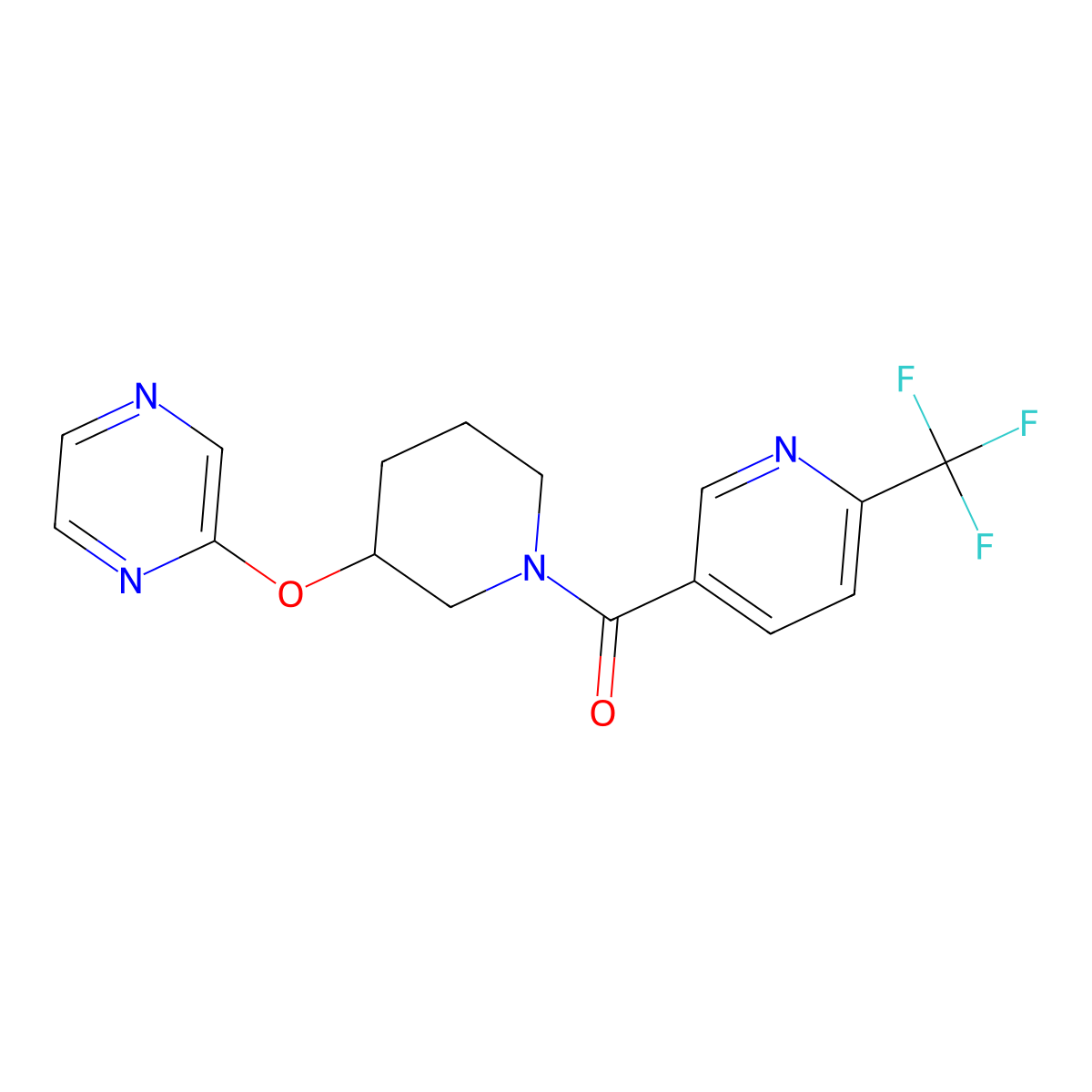 (3-(Pyrazin-2-yloxy)piperidin-1-yl)(6-(trifluoromethyl)pyridin-3-yl)methanone molecular structure, CAS 2034474-31-0