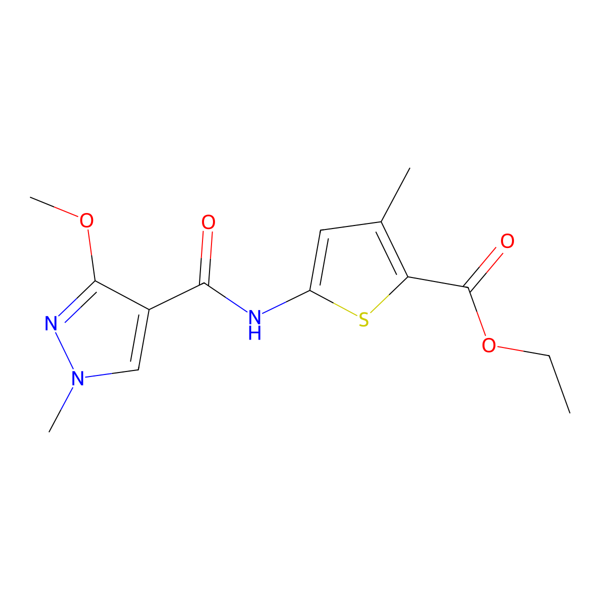 ethyl 5-(3-methoxy-1-methyl-1H-pyrazole-4-carboxamido)-3-methylthiophene-2-carboxylate molecular structure, CAS 2034474-32-1