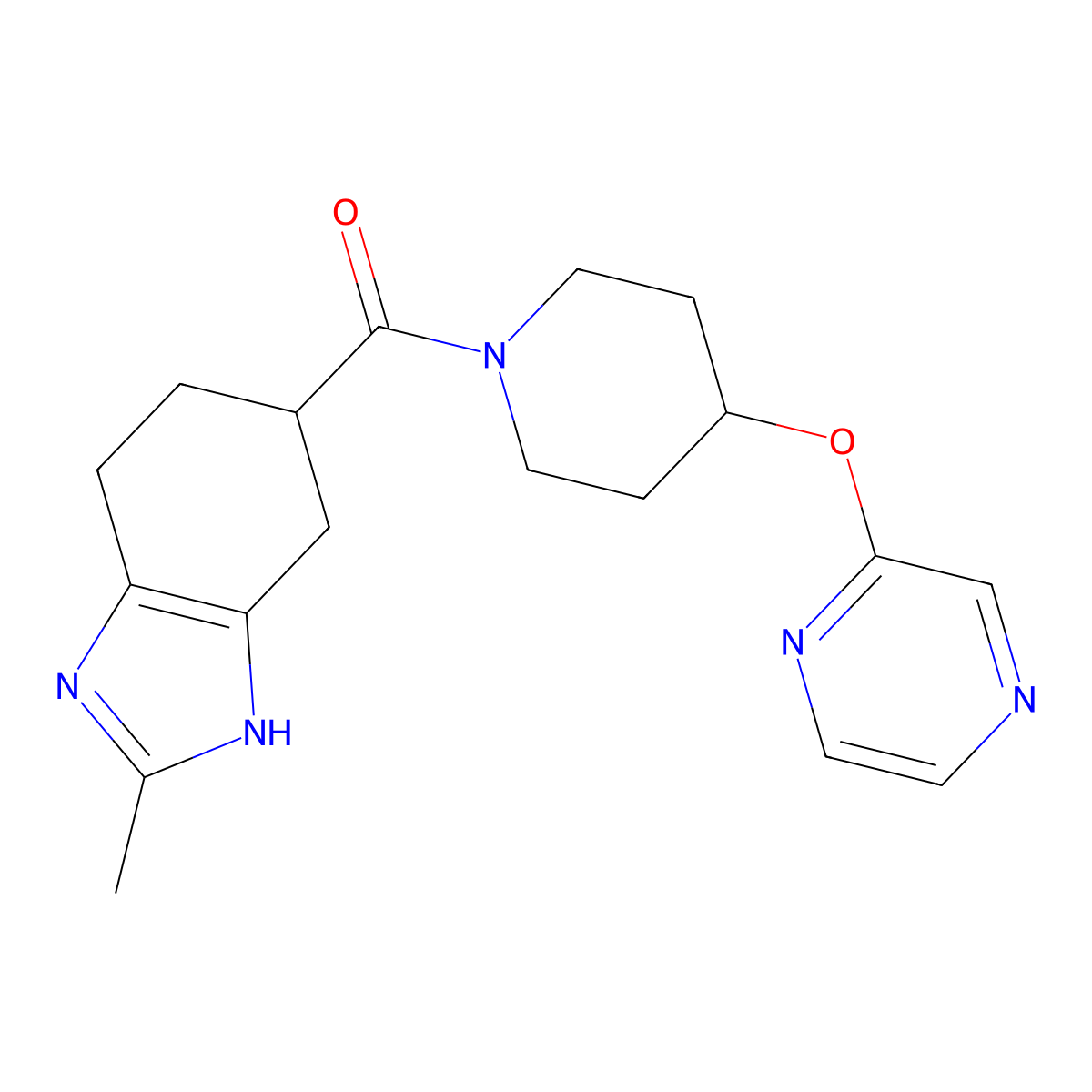 (2-methyl-4,5,6,7-tetrahydro-1H-benzo[d]imidazol-5-yl)(4-(pyrazin-2-yloxy)piperidin-1-yl)methanone molecular structure, CAS 2034474-35-4