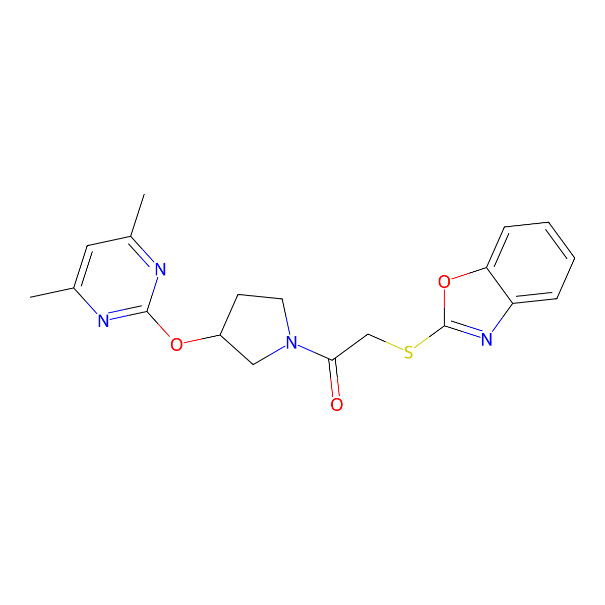 2-(Benzo[d]oxazol-2-ylthio)-1-(3-((4,6-dimethylpyrimidin-2-yl)oxy)pyrrolidin-1-yl)ethanone molecular structure, CAS 2034474-63-8