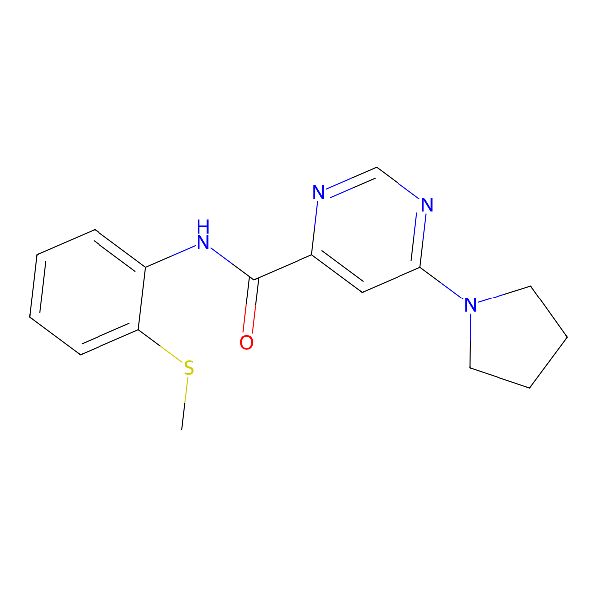 N-(2-(methylthio)phenyl)-6-(pyrrolidin-1-yl)pyrimidine-4-carboxamide molecular structure, CAS 2034474-67-2