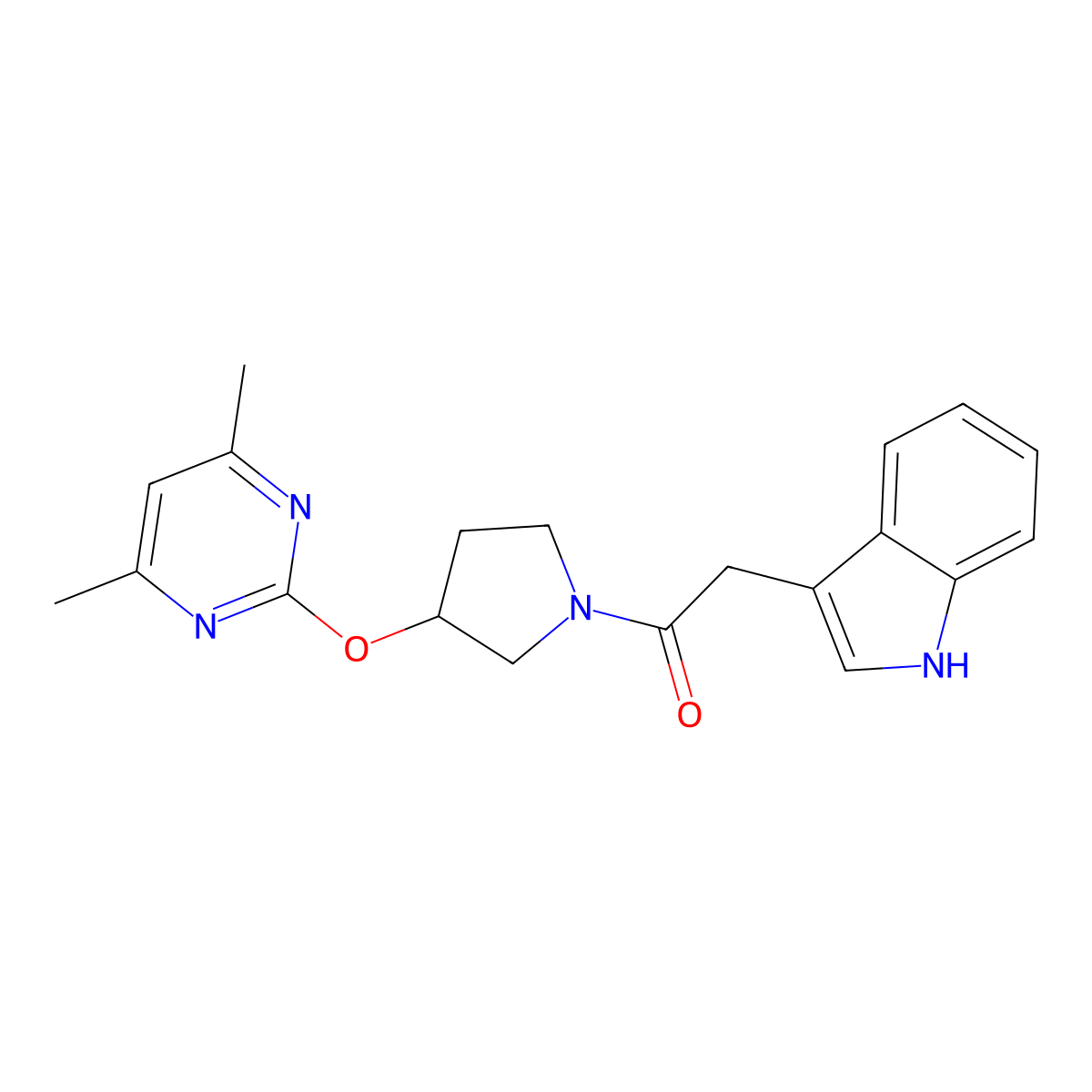 1-(3-((4,6-dimethylpyrimidin-2-yl)oxy)pyrrolidin-1-yl)-2-(1H-indol-3-yl)ethanone molecular structure, CAS 2034474-70-7