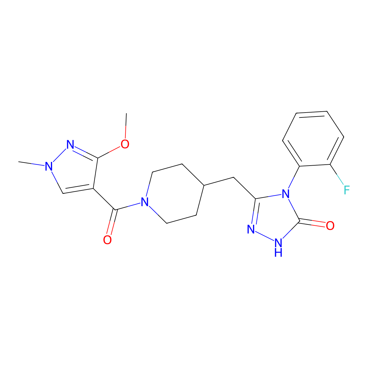 4-(2-fluorophenyl)-3-((1-(3-methoxy-1-methyl-1H-pyrazole-4-carbonyl)piperidin-4-yl)methyl)-1H-1,2,4-triazol-5(4H)-one molecular structure, CAS 2034474-83-2