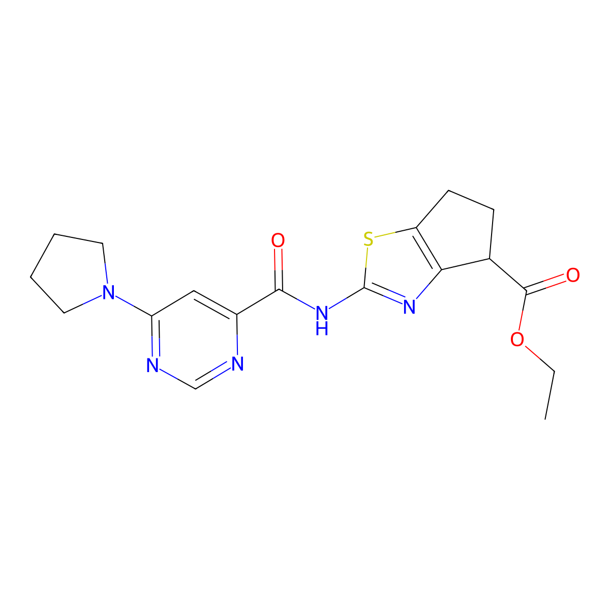 ethyl 2-(6-(pyrrolidin-1-yl)pyrimidine-4-carboxamido)-5,6-dihydro-4H-cyclopenta[d]thiazole-4-carboxylate molecular structure, CAS 2034474-92-3