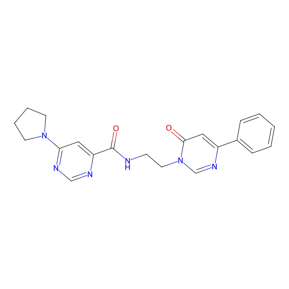 N-(2-(6-oxo-4-phenylpyrimidin-1(6H)-yl)ethyl)-6-(pyrrolidin-1-yl)pyrimidine-4-carboxamide molecular structure, CAS 2034475-00-6