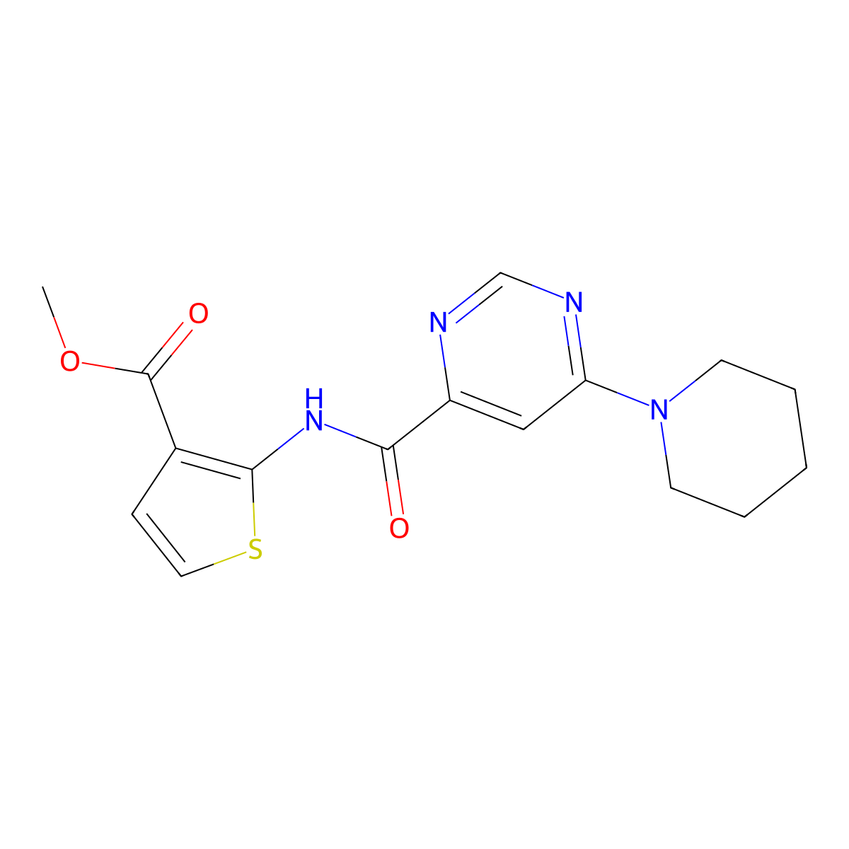Methyl 2-(6-(piperidin-1-yl)pyrimidine-4-carboxamido)thiophene-3-carboxylate molecular structure, CAS 2034475-27-7