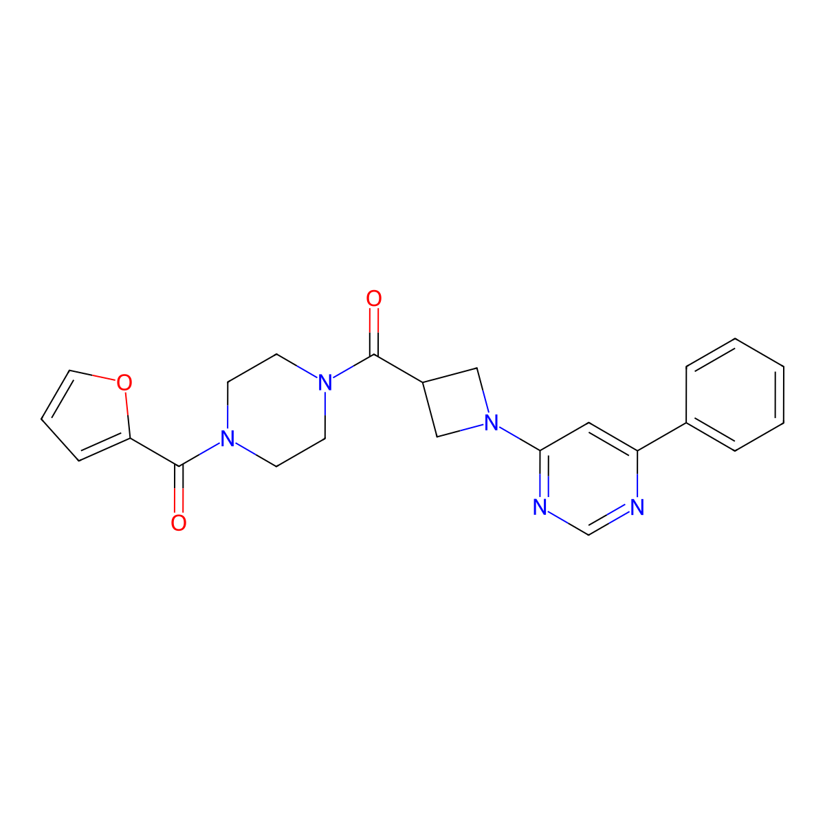 (4-(Furan-2-carbonyl)piperazin-1-yl)(1-(6-phenylpyrimidin-4-yl)azetidin-3-yl)methanone molecular structure, CAS 2034475-41-5