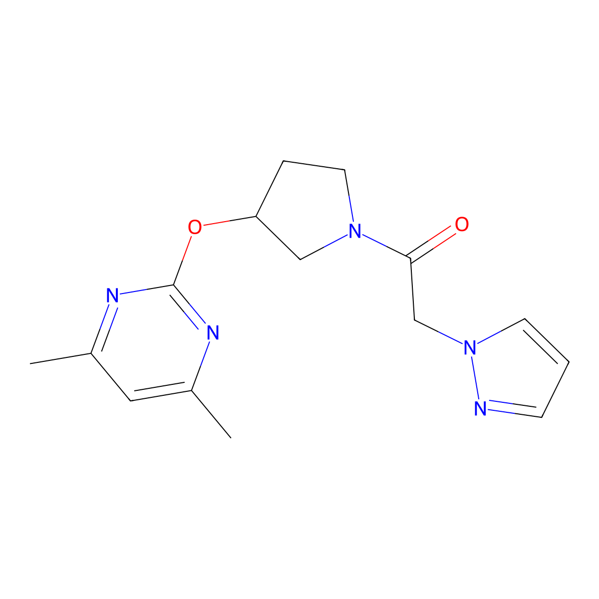 1-(3-((4,6-dimethylpyrimidin-2-yl)oxy)pyrrolidin-1-yl)-2-(1H-pyrazol-1-yl)ethanone molecular structure, CAS 2034475-53-9