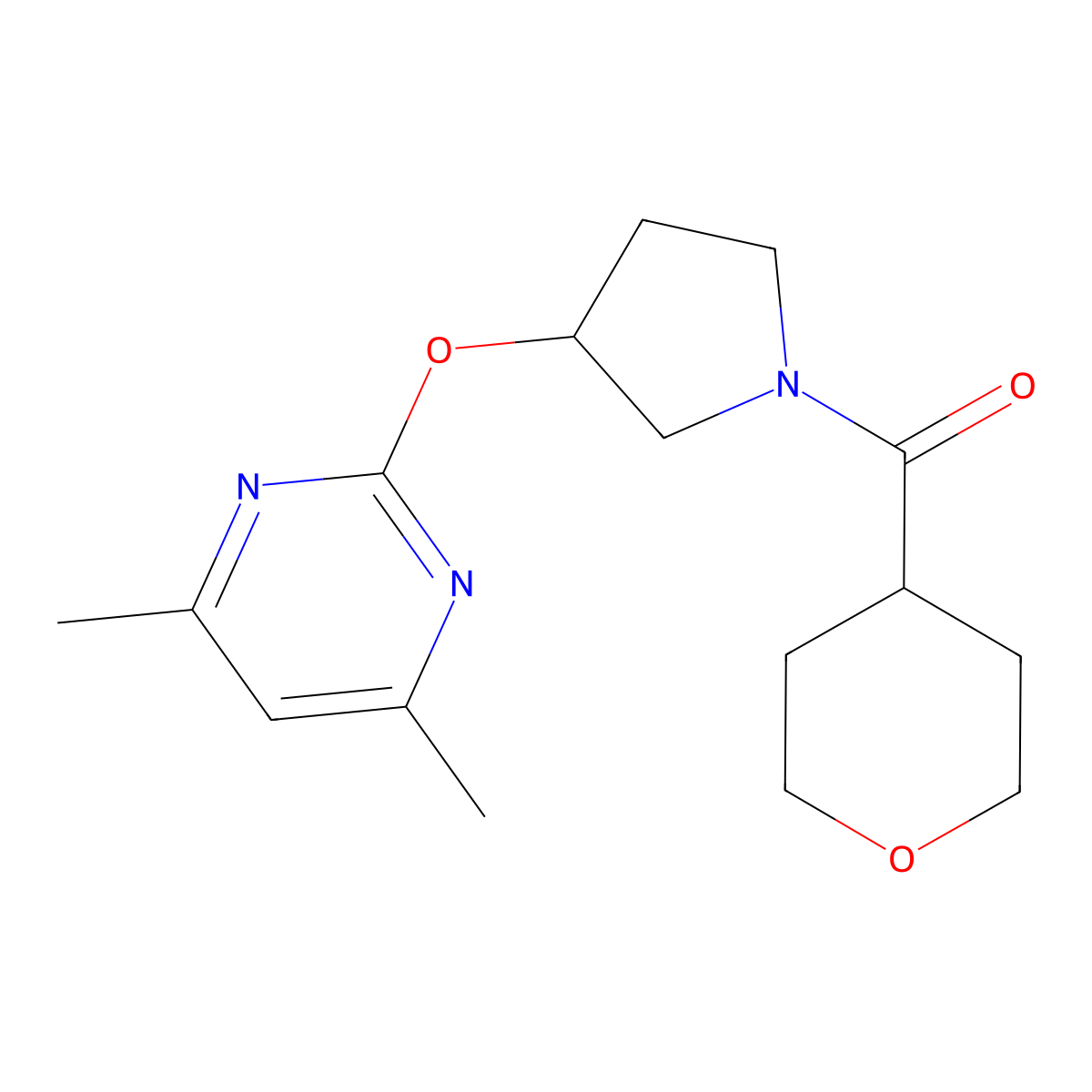 (3-((4,6-dimethylpyrimidin-2-yl)oxy)pyrrolidin-1-yl)(tetrahydro-2H-pyran-4-yl)methanone molecular structure, CAS 2034475-72-2