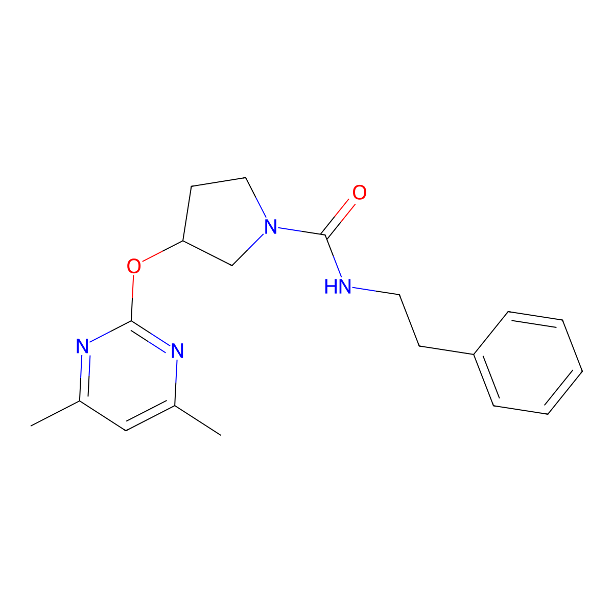 3-((4,6-dimethylpyrimidin-2-yl)oxy)-N-phenethylpyrrolidine-1-carboxamide molecular structure, CAS 2034475-86-8