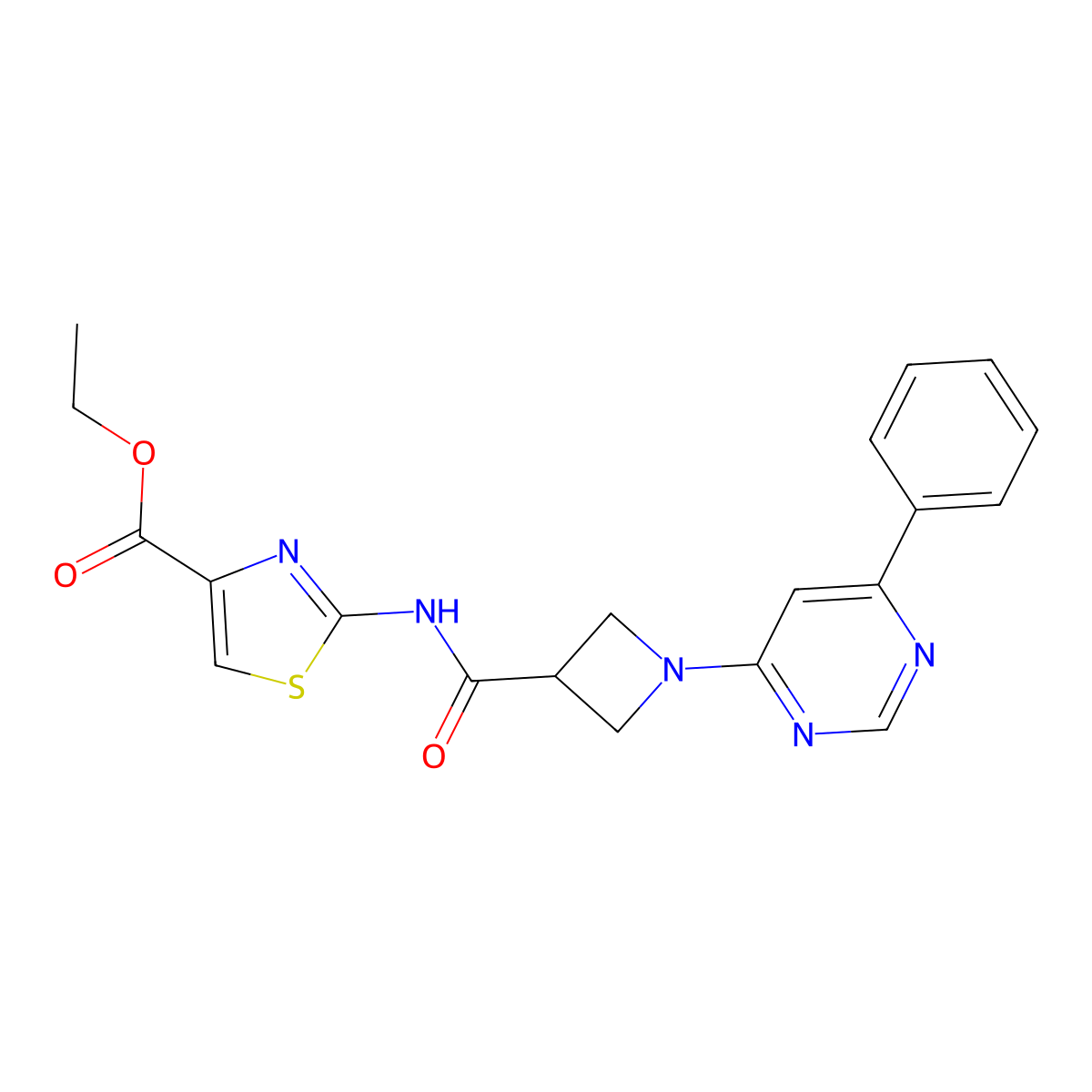 Ethyl 2-(1-(6-phenylpyrimidin-4-yl)azetidine-3-carboxamido)thiazole-4-carboxylate molecular structure, CAS 2034475-95-9