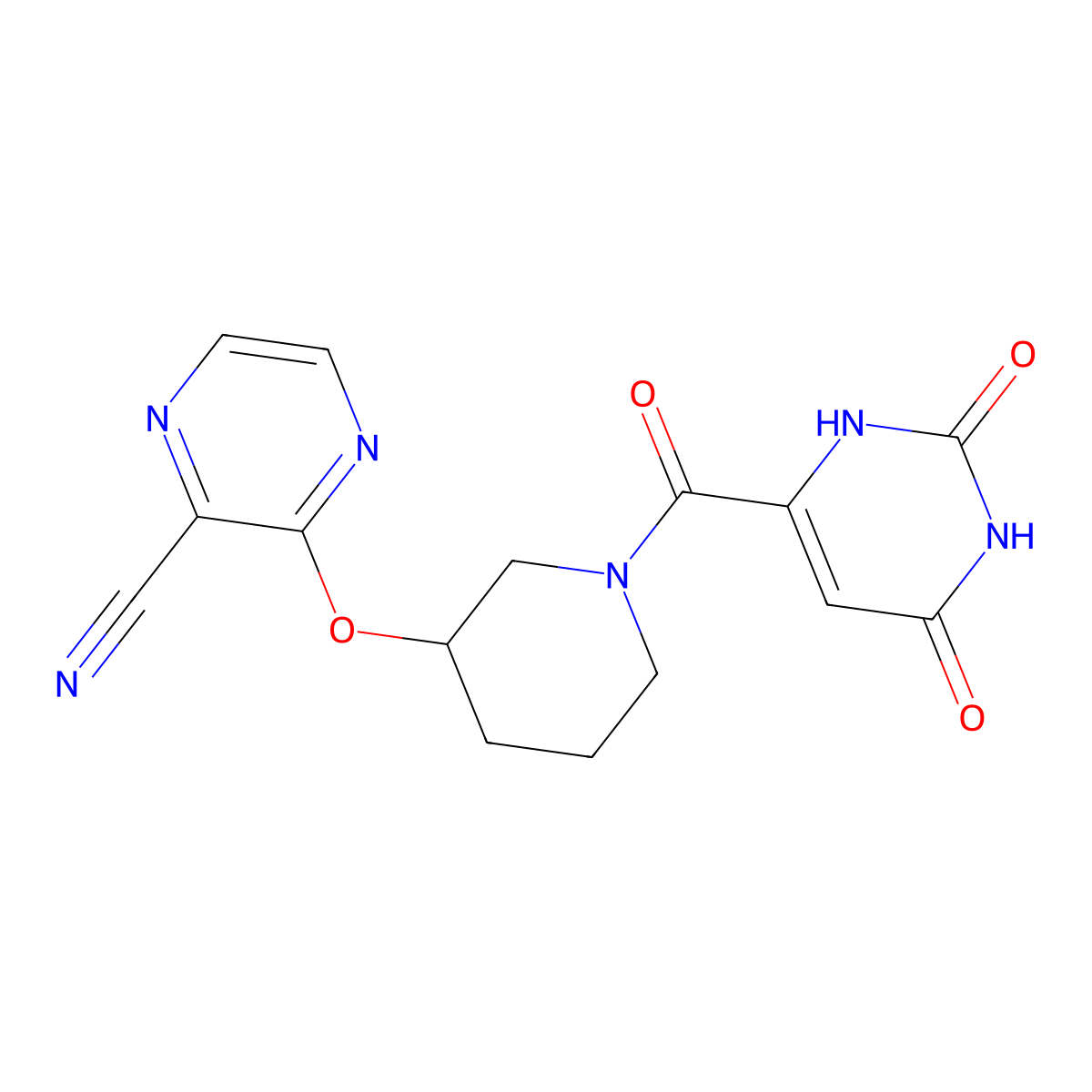 3-((1-(2,6-Dioxo-1,2,3,6-tetrahydropyrimidine-4-carbonyl)piperidin-3-yl)oxy)pyrazine-2-carbonitrile molecular structure, CAS 2034476-05-4
