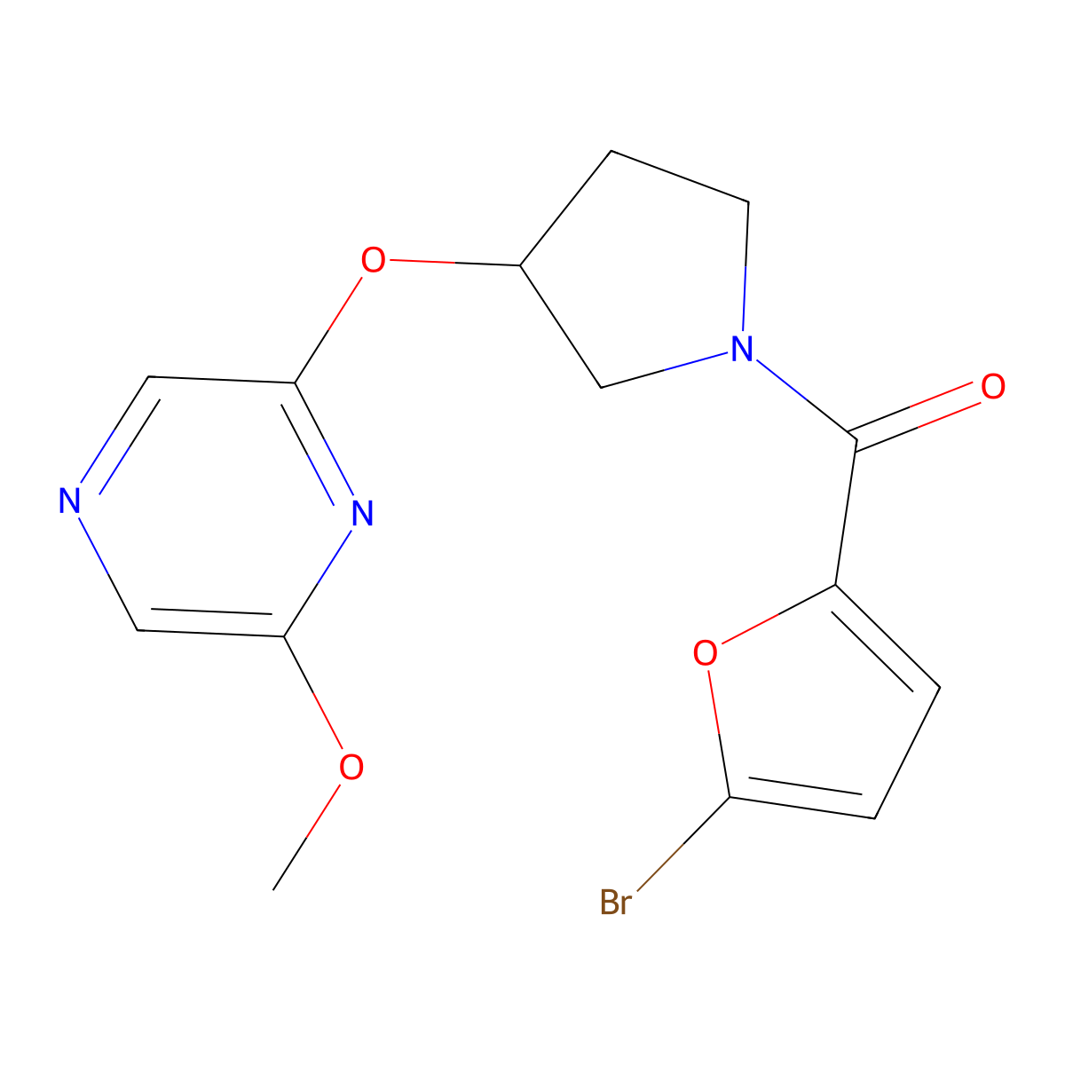 (5-Bromofuran-2-yl)(3-((6-methoxypyrazin-2-yl)oxy)pyrrolidin-1-yl)methanone molecular structure, CAS 2034476-07-6