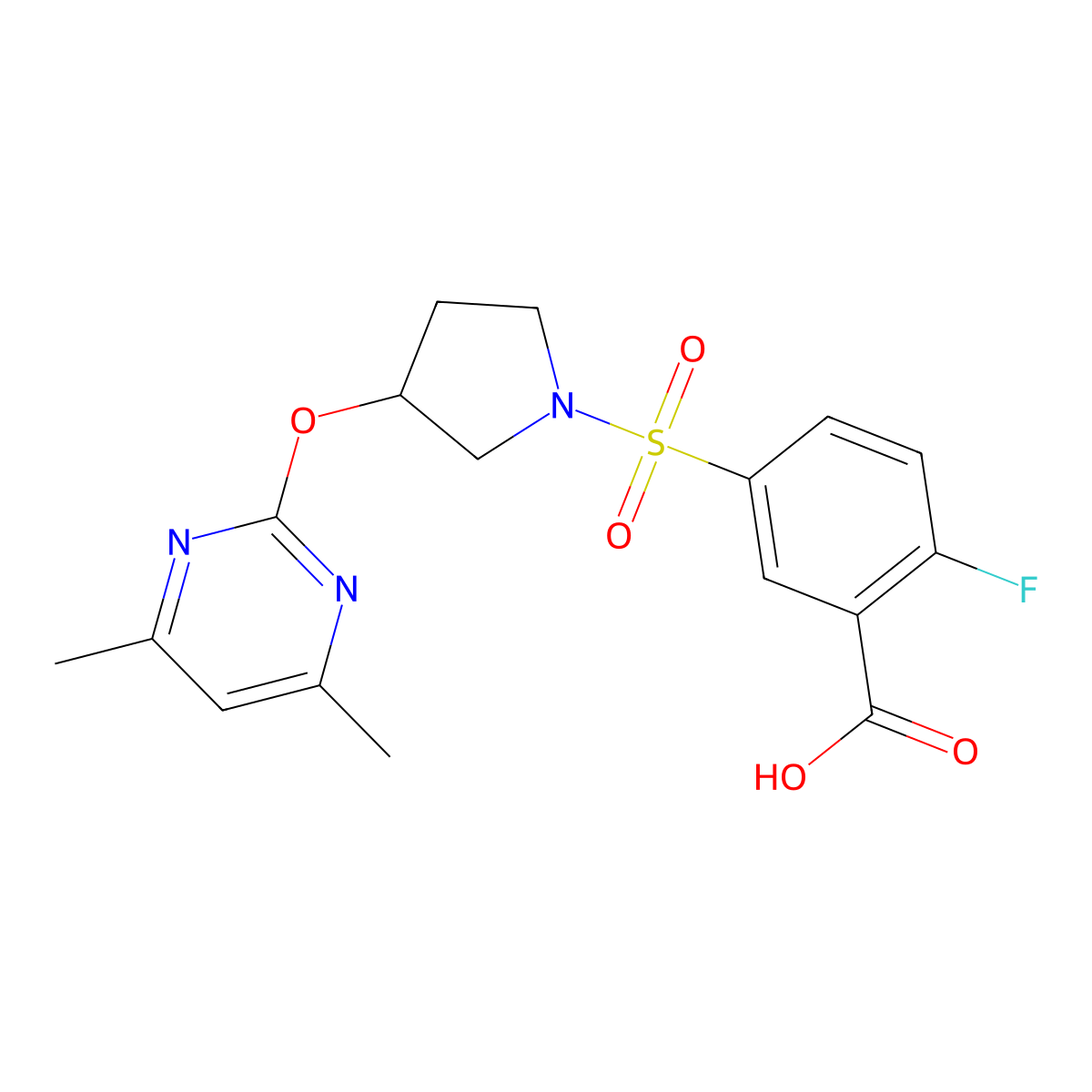 5-((3-((4,6-Dimethylpyrimidin-2-yl)oxy)pyrrolidin-1-yl)sulfonyl)-2-fluorobenzoic acid molecular structure, CAS 2034476-21-4