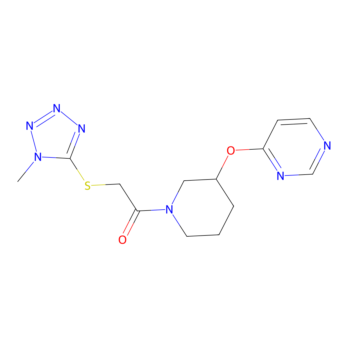 2-((1-methyl-1H-tetrazol-5-yl)thio)-1-(3-(pyrimidin-4-yloxy)piperidin-1-yl)ethanone molecular structure, CAS 2034476-24-7