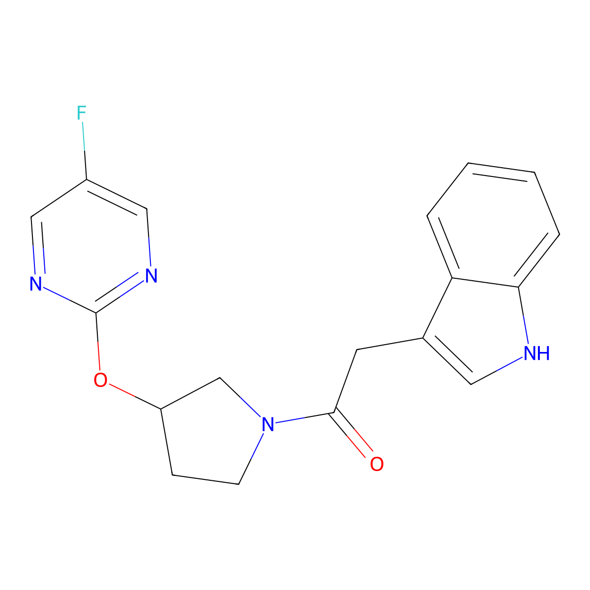 1-(3-((5-fluoropyrimidin-2-yl)oxy)pyrrolidin-1-yl)-2-(1H-indol-3-yl)ethanone molecular structure, CAS 2034476-28-1