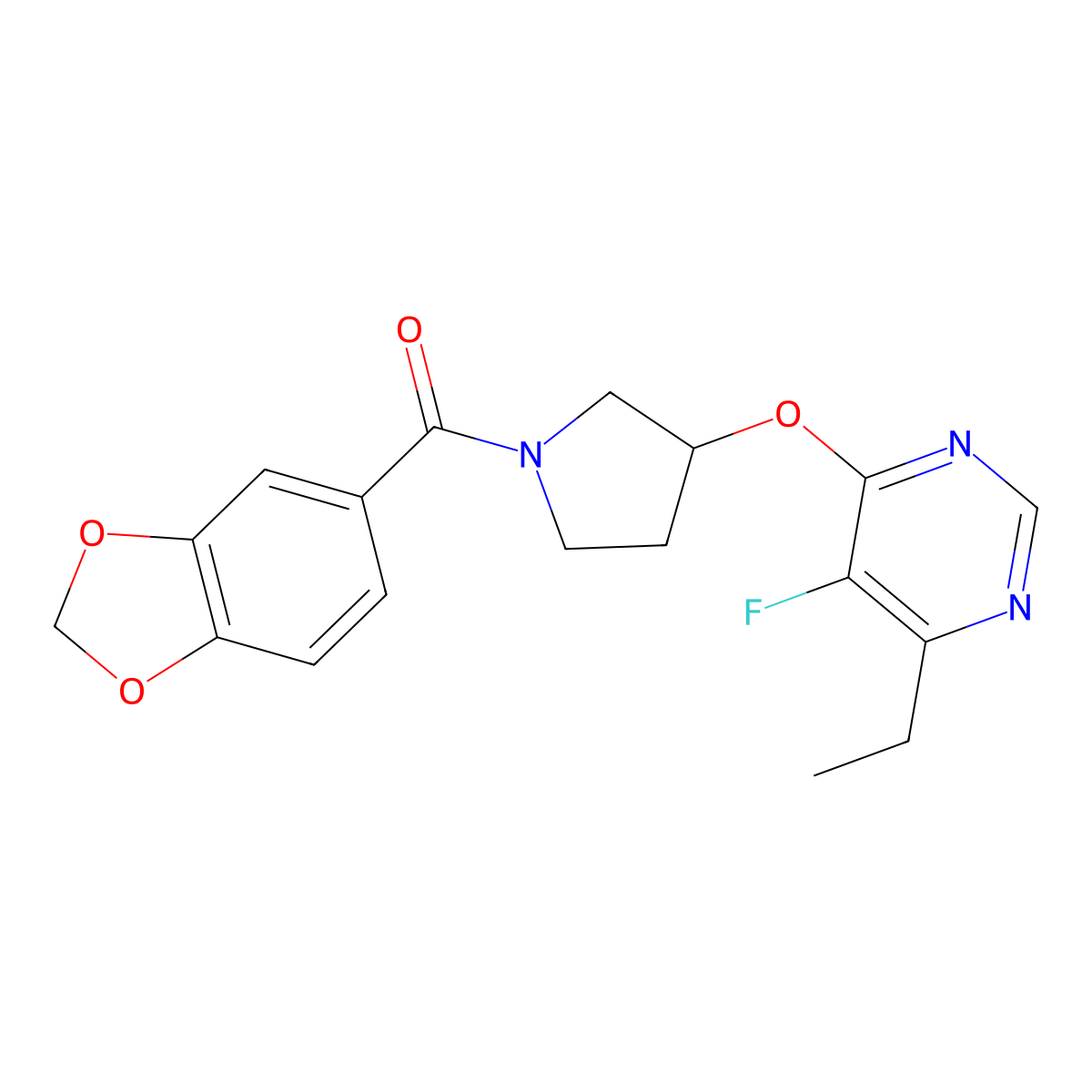 Benzo[d][1,3]dioxol-5-yl(3-((6-ethyl-5-fluoropyrimidin-4-yl)oxy)pyrrolidin-1-yl)methanone molecular structure, CAS 2034476-33-8