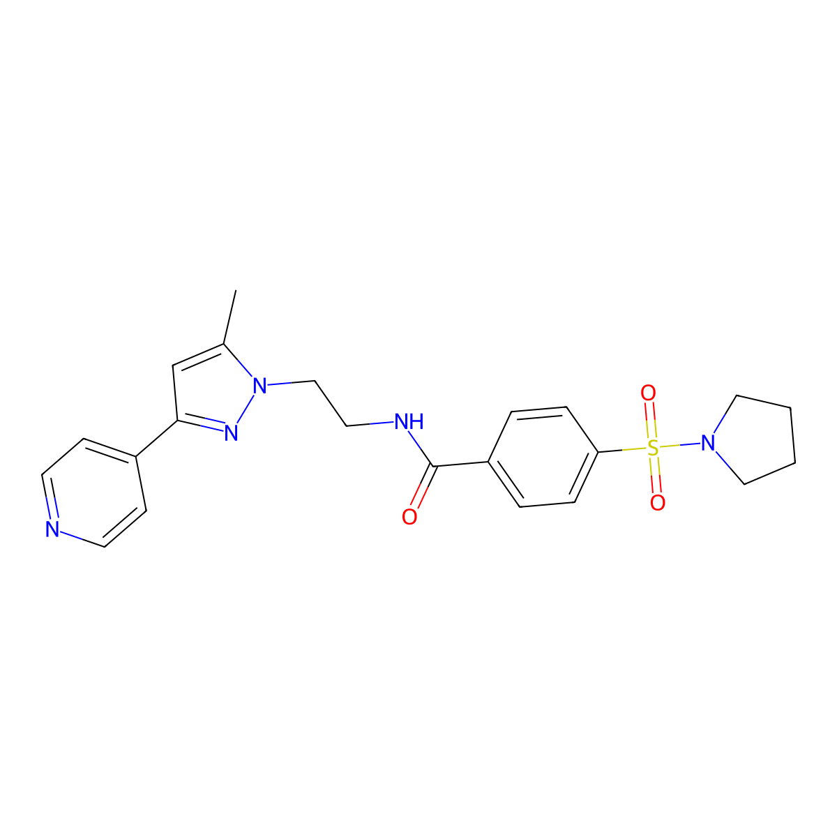 N-(2-(5-methyl-3-(pyridin-4-yl)-1H-pyrazol-1-yl)ethyl)-4-(pyrrolidin-1-ylsulfonyl)benzamide molecular structure, CAS 2034476-44-1