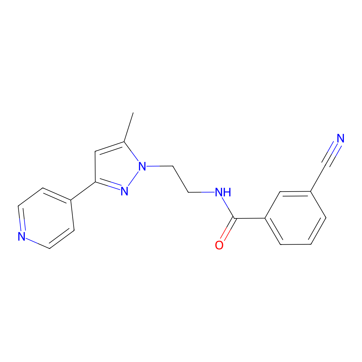 3-cyano-N-(2-(5-methyl-3-(pyridin-4-yl)-1H-pyrazol-1-yl)ethyl)benzamide molecular structure, CAS 2034476-48-5
