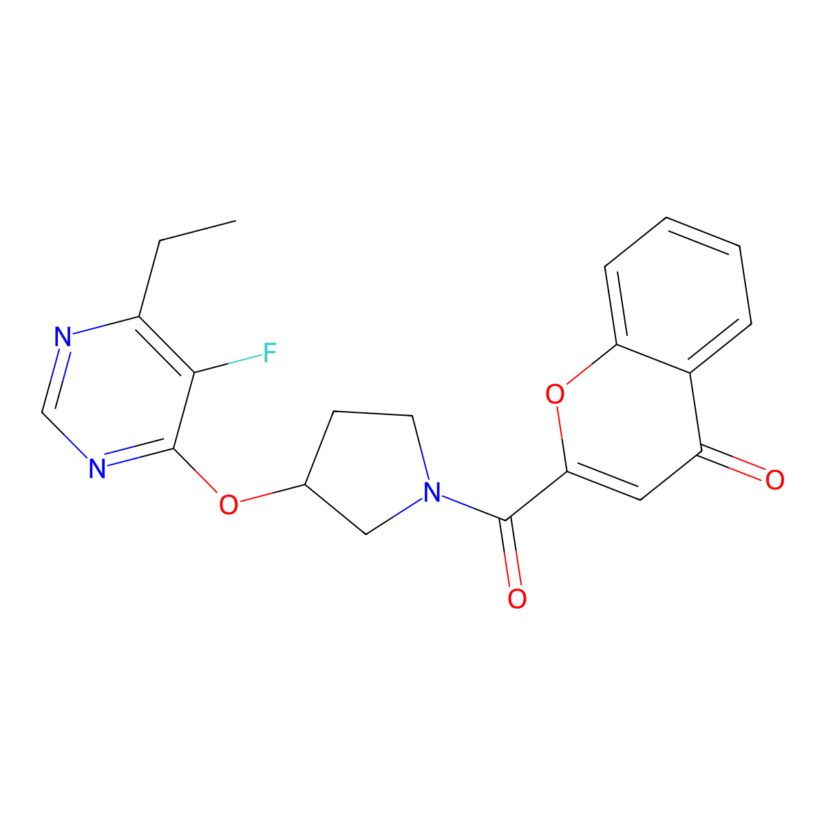 2-(3-((6-ethyl-5-fluoropyrimidin-4-yl)oxy)pyrrolidine-1-carbonyl)-4H-chromen-4-one molecular structure, CAS 2034476-51-0