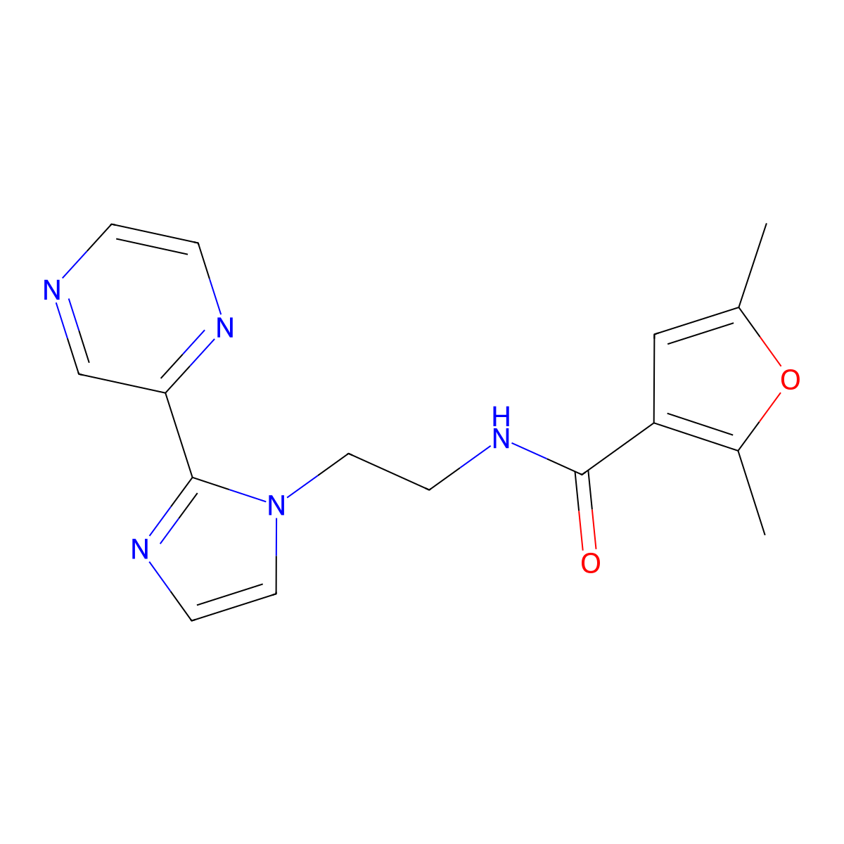 2,5-dimethyl-N-{2-[2-(pyrazin-2-yl)-1H-imidazol-1-yl]ethyl}furan-3-carboxamide molecular structure, CAS 2034476-64-5