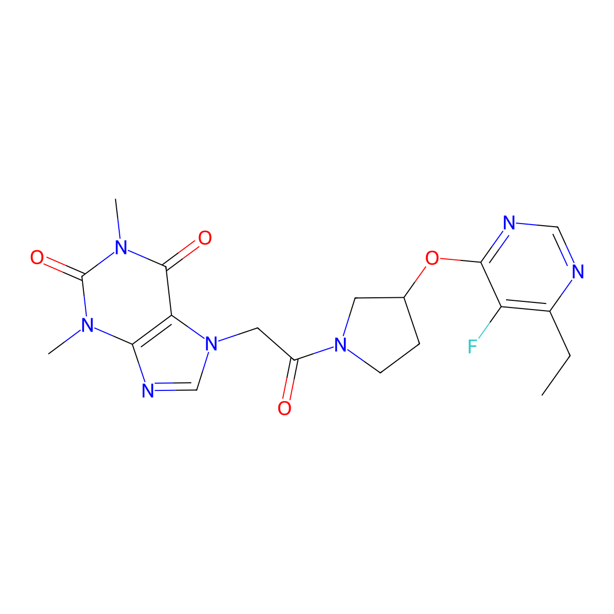 7-(2-(3-((6-ethyl-5-fluoropyrimidin-4-yl)oxy)pyrrolidin-1-yl)-2-oxoethyl)-1,3-dimethyl-1H-purine-2,6(3H,7H)-dione molecular structure, CAS 2034476-65-6