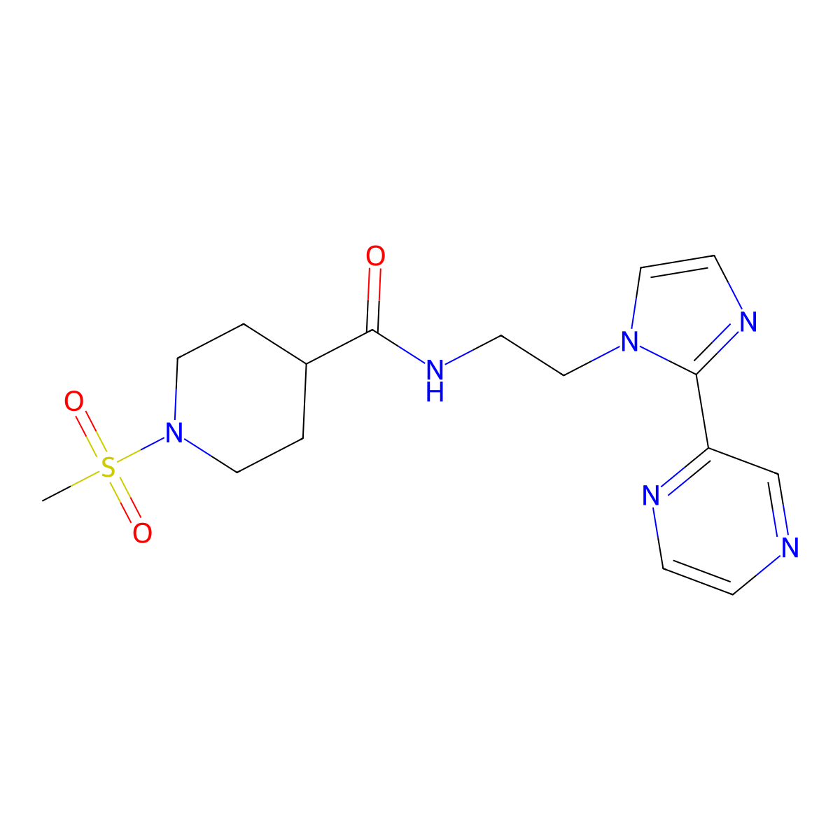 1-(methylsulfonyl)-N-(2-(2-(pyrazin-2-yl)-1H-imidazol-1-yl)ethyl)piperidine-4-carboxamide molecular structure, CAS 2034476-73-6