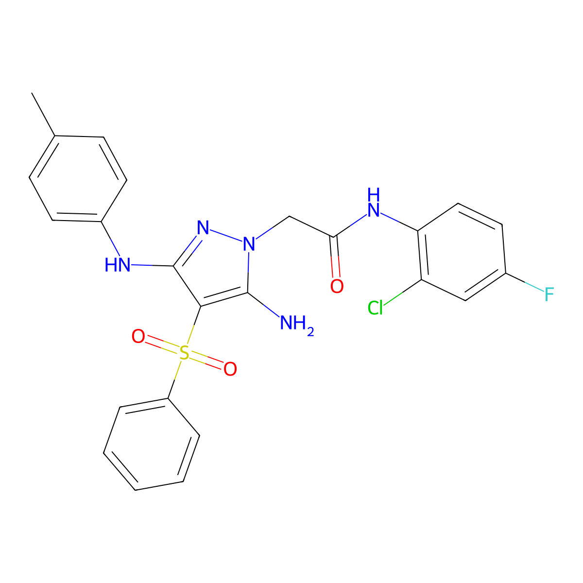 2-(5-amino-4-(phenylsulfonyl)-3-(p-tolylamino)-1H-pyrazol-1-yl)-N-(2-chloro-4-fluorophenyl)acetamide molecular structure, CAS 2034476-77-0