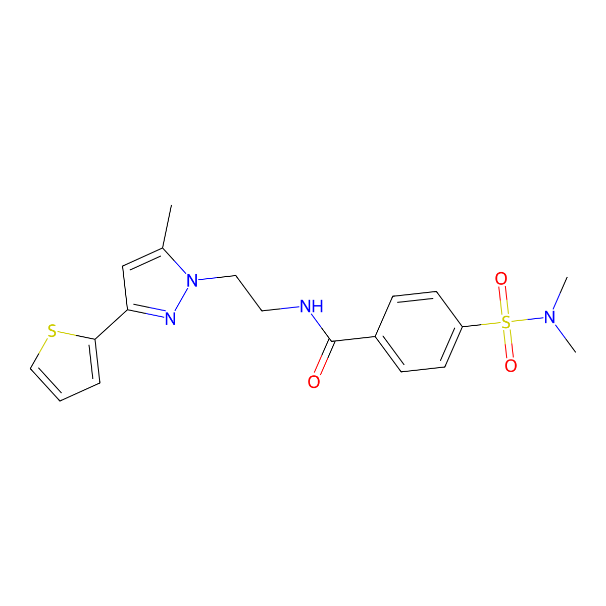 4-(N,N-dimethylsulfamoyl)-N-(2-(5-methyl-3-(thiophen-2-yl)-1H-pyrazol-1-yl)ethyl)benzamide molecular structure, CAS 2034476-79-2