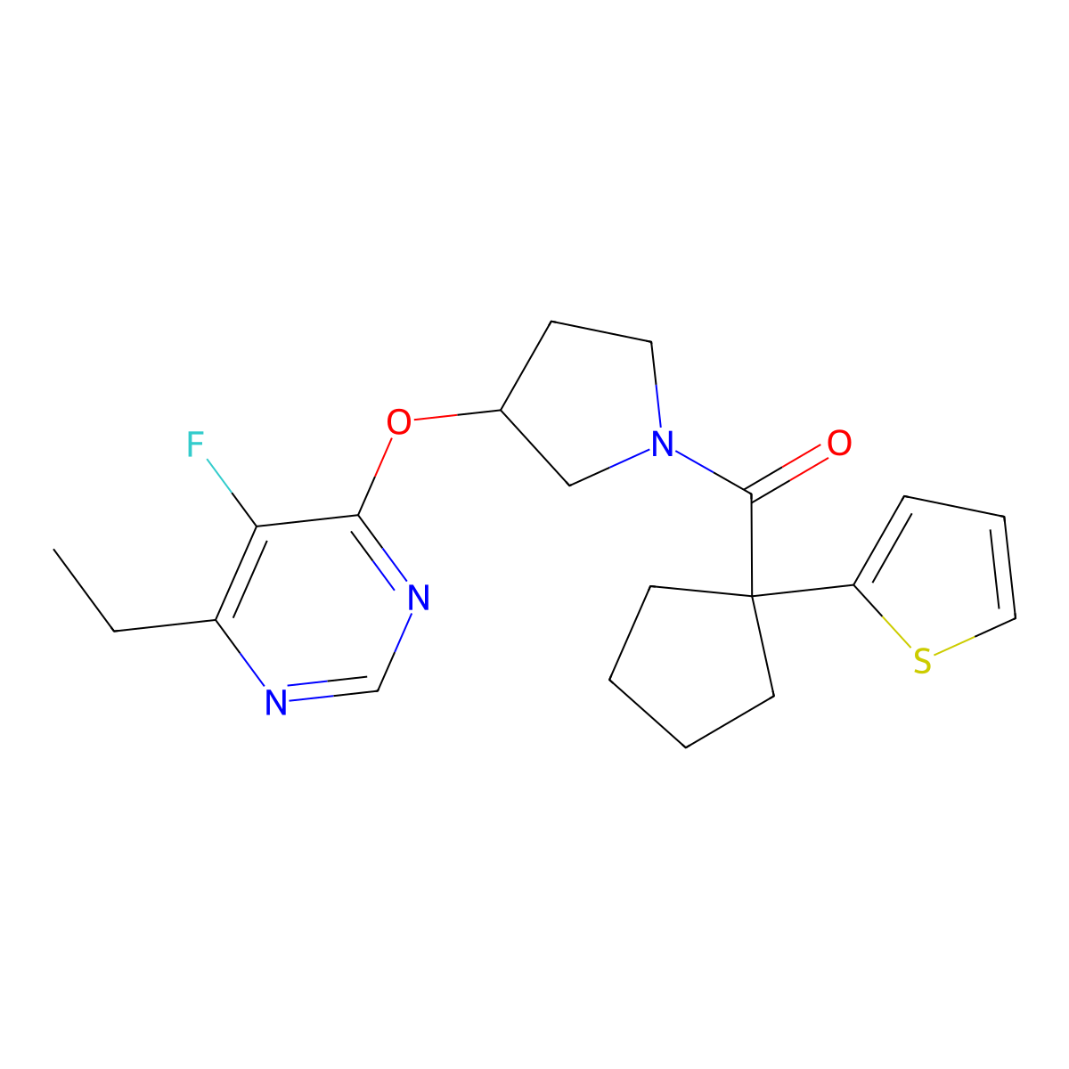 (3-((6-Ethyl-5-fluoropyrimidin-4-yl)oxy)pyrrolidin-1-yl)(1-(thiophen-2-yl)cyclopentyl)methanone molecular structure, CAS 2034476-81-6