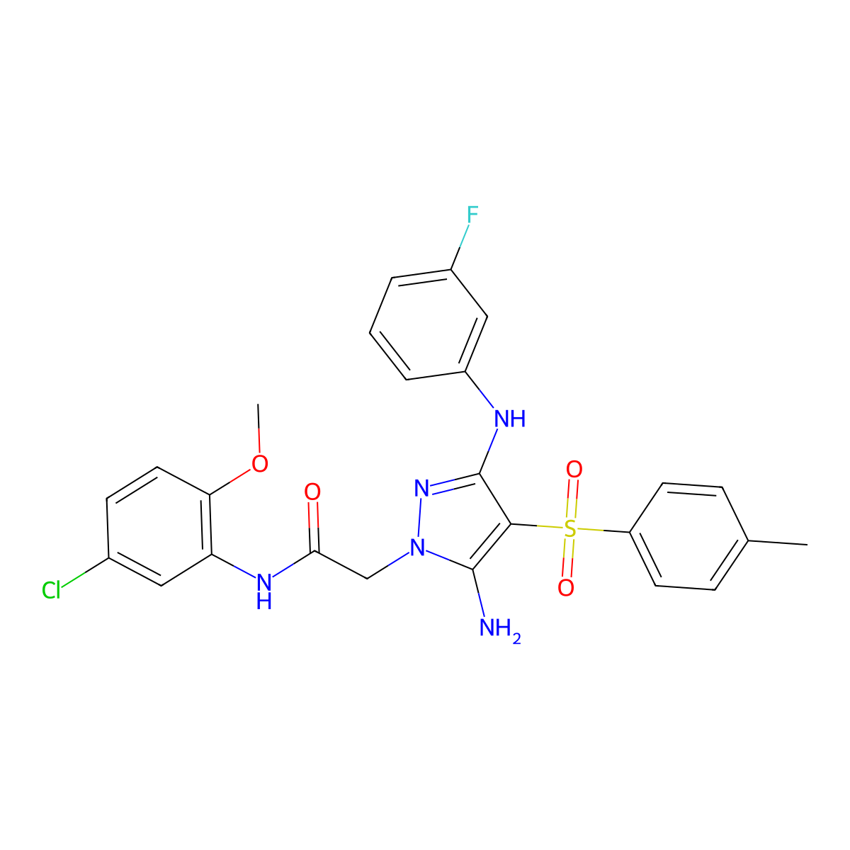 2-(5-amino-3-((3-fluorophenyl)amino)-4-tosyl-1H-pyrazol-1-yl)-N-(5-chloro-2-methoxyphenyl)acetamide molecular structure, CAS 2034476-82-7