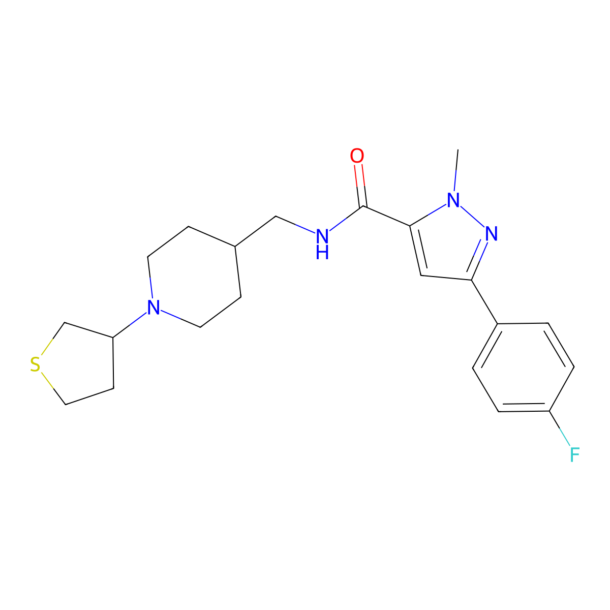3-(4-fluorophenyl)-1-methyl-N-((1-(tetrahydrothiophen-3-yl)piperidin-4-yl)methyl)-1H-pyrazole-5-carboxamide molecular structure, CAS 2034476-85-0