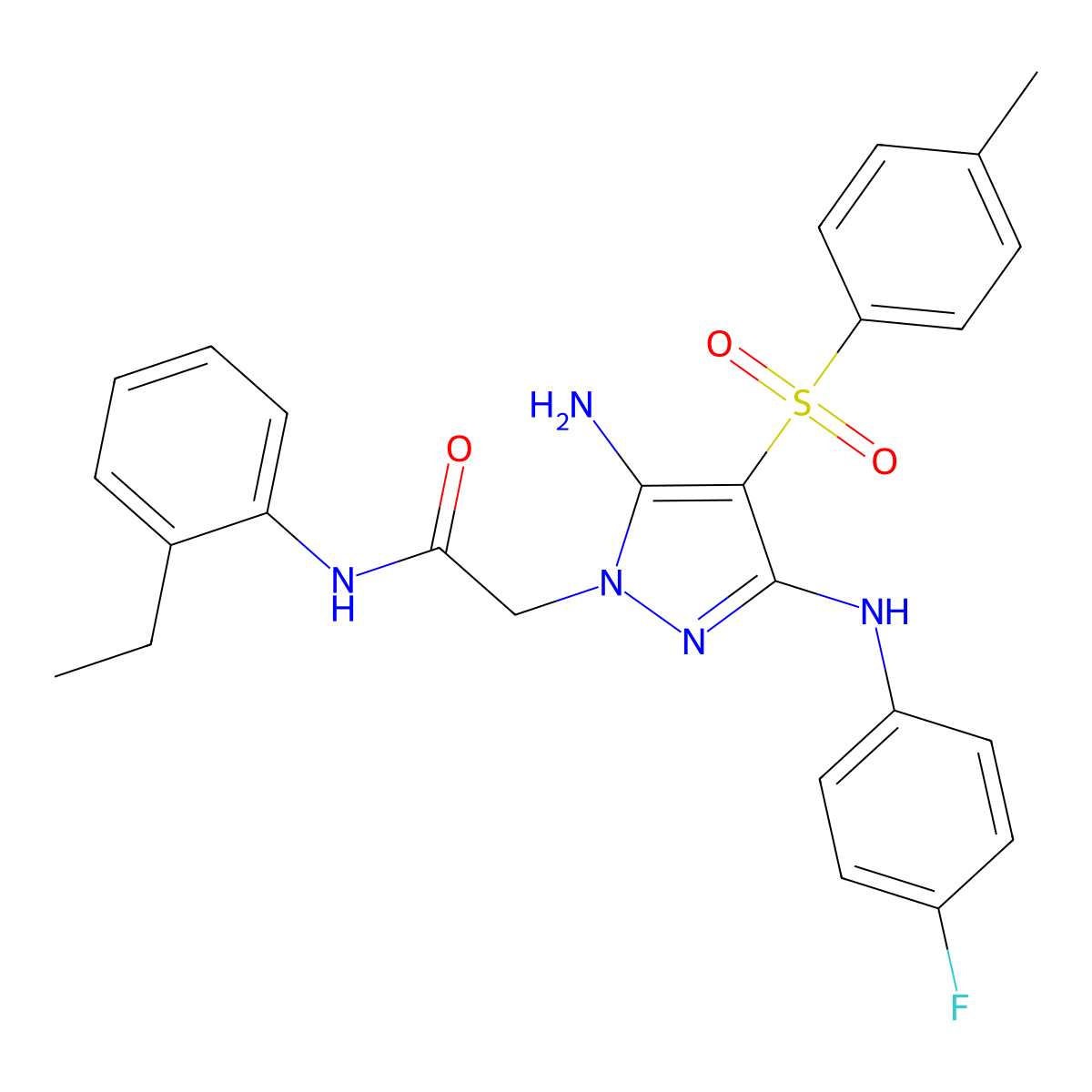 2-(5-amino-3-((4-fluorophenyl)amino)-4-tosyl-1H-pyrazol-1-yl)-N-(2-ethylphenyl)acetamide molecular structure, CAS 2034476-90-7